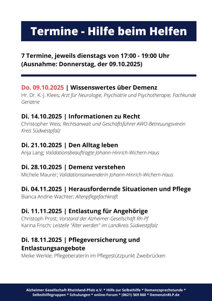 Demenz Landkreis Südwestpfalz Pirmasens Zweibrücken Veranstaltungen Hilfe beim Helfen