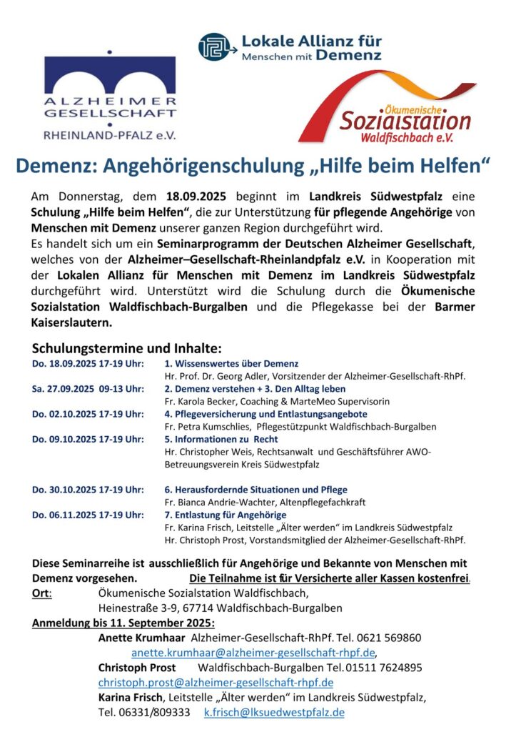 Demenz Landkreis Südwestpfalz Pirmasens Zweibrücken Veranstaltungen Hilfe beim Helfen
