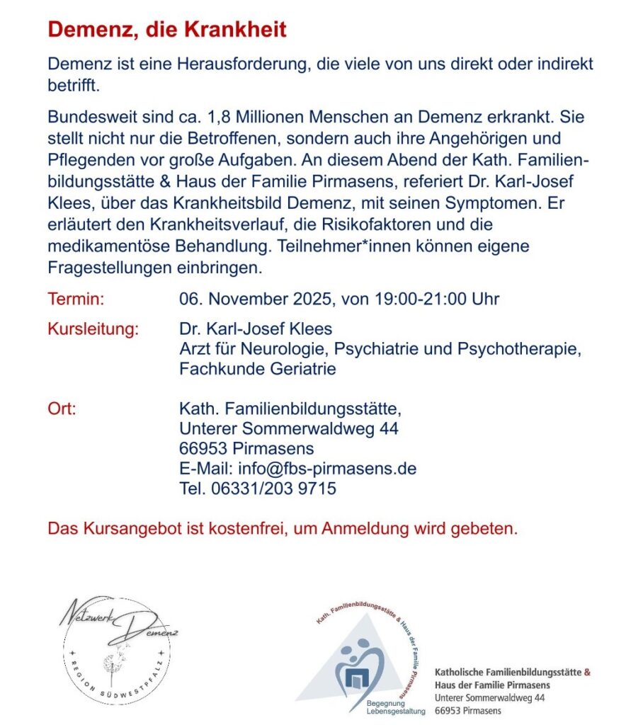 Demenz Landkreis Südwestpfalz Pirmasens Zweibrücken Veranstaltungen